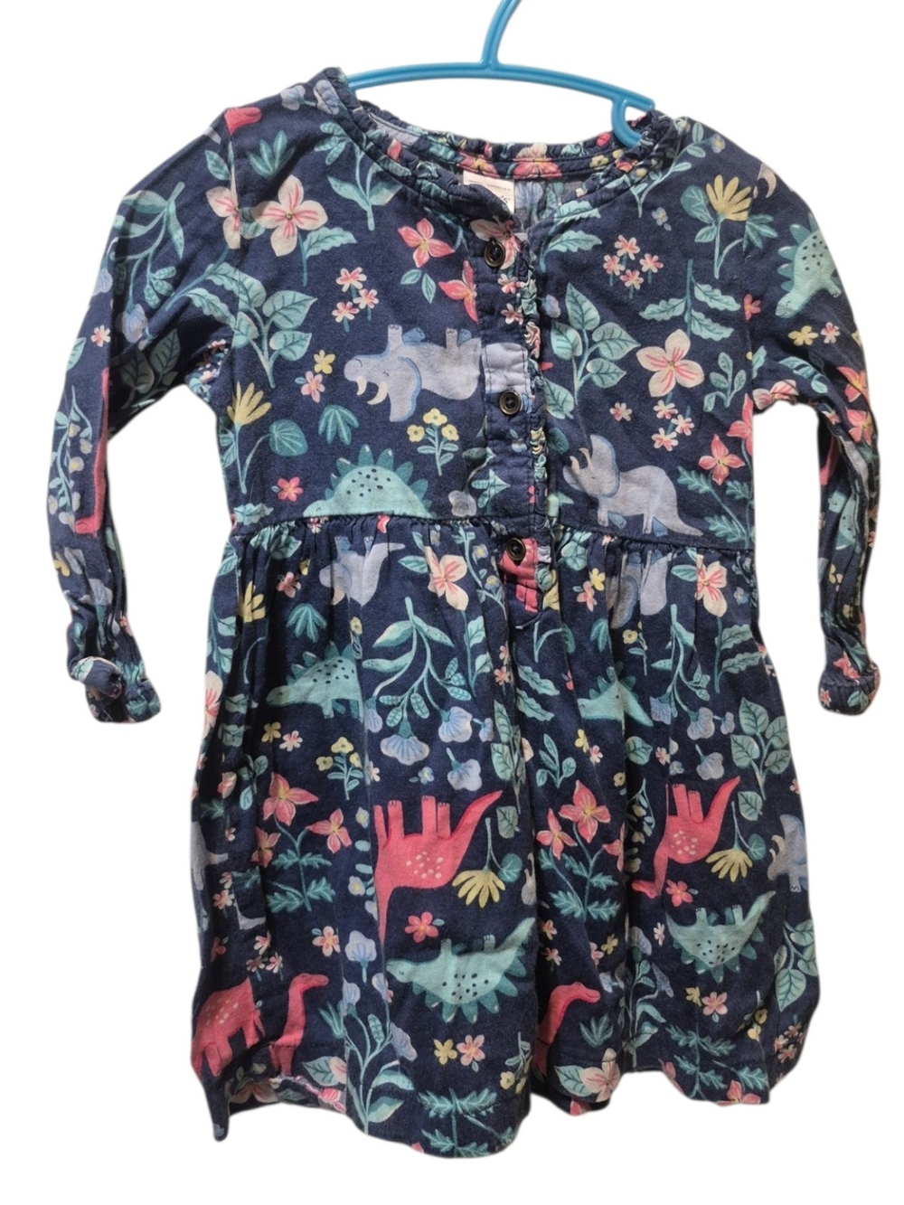 Kids Navy Floral & Dino Print Long-Sleeve Dress